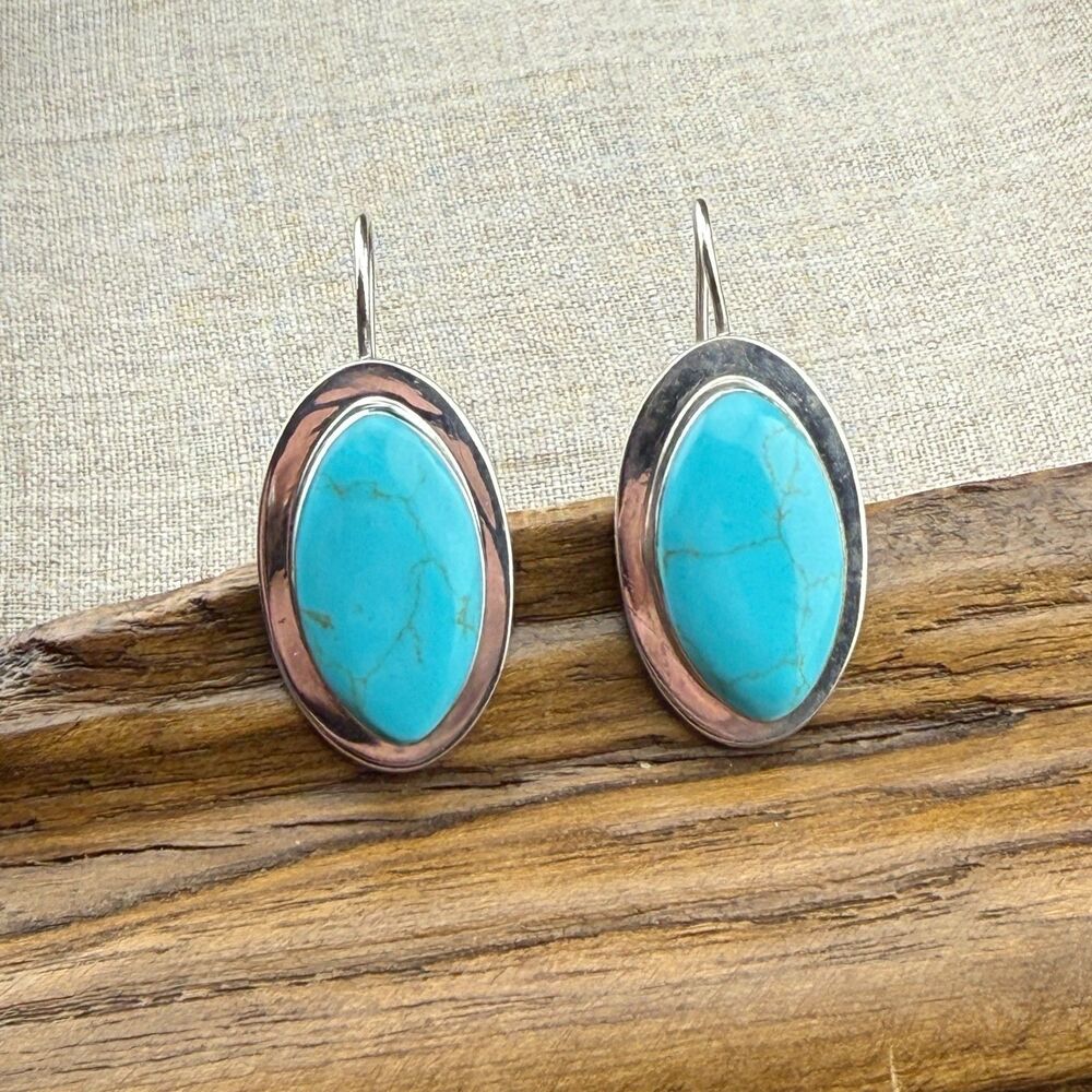 Oval Silver-tone Metal Light Blue Stone Hook Earrings Marked ATI Mexico 1.5"